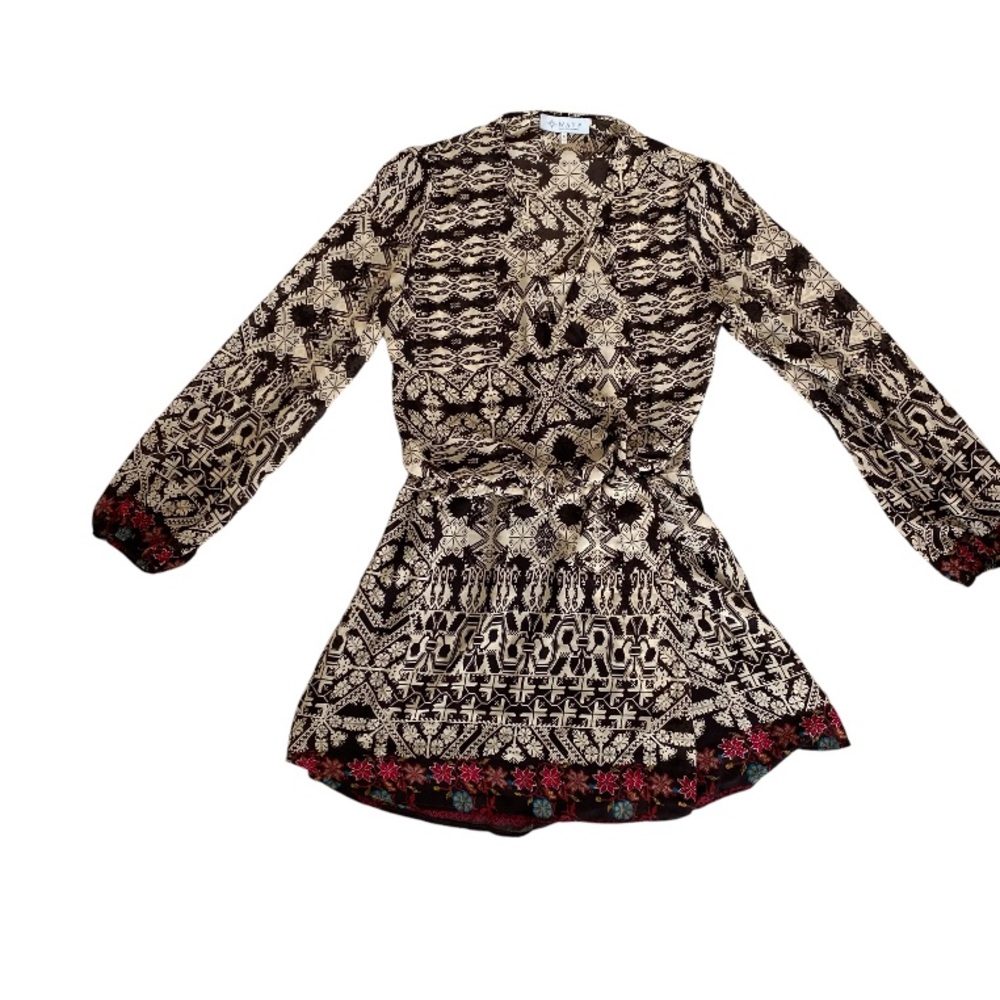 Long Sleeve Faux Wrap Mini Dress by WAYF Drop Waist Bohemian Western rodeo